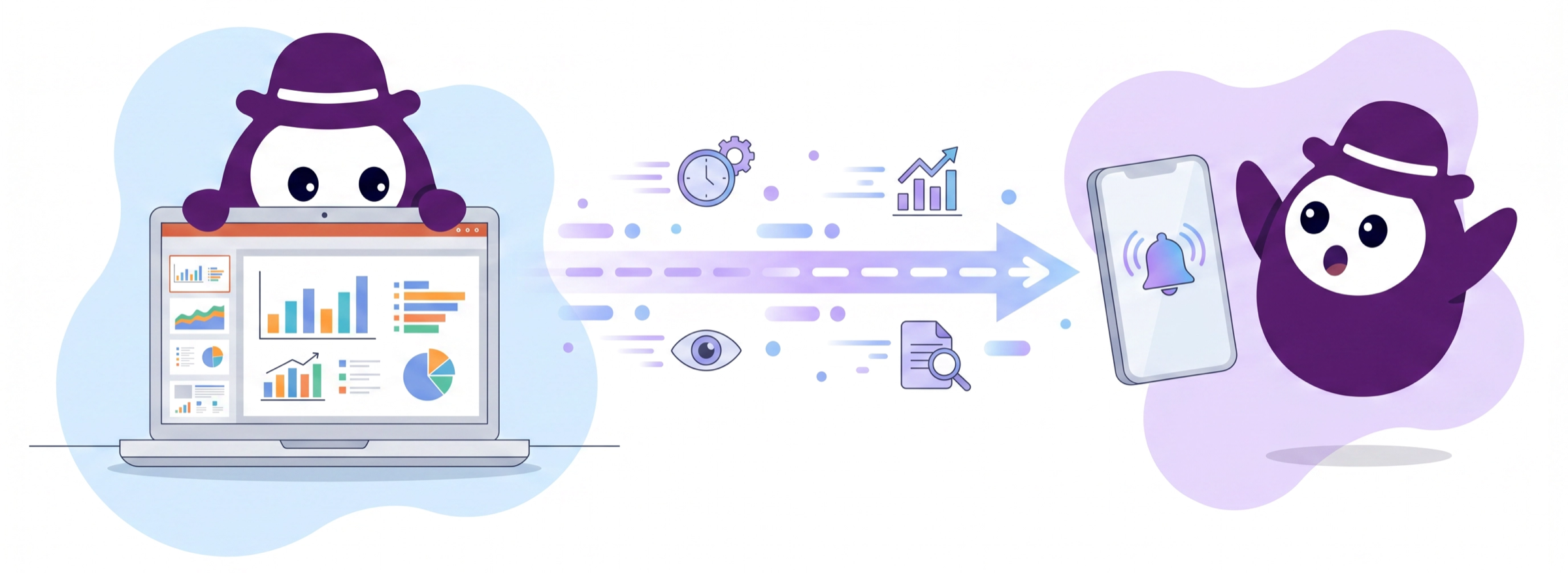 Two Amaroad mascots — one viewing a document on a laptop, the other receiving a document notification and picking up the phone