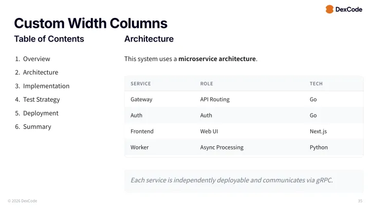 Custom width columns slide